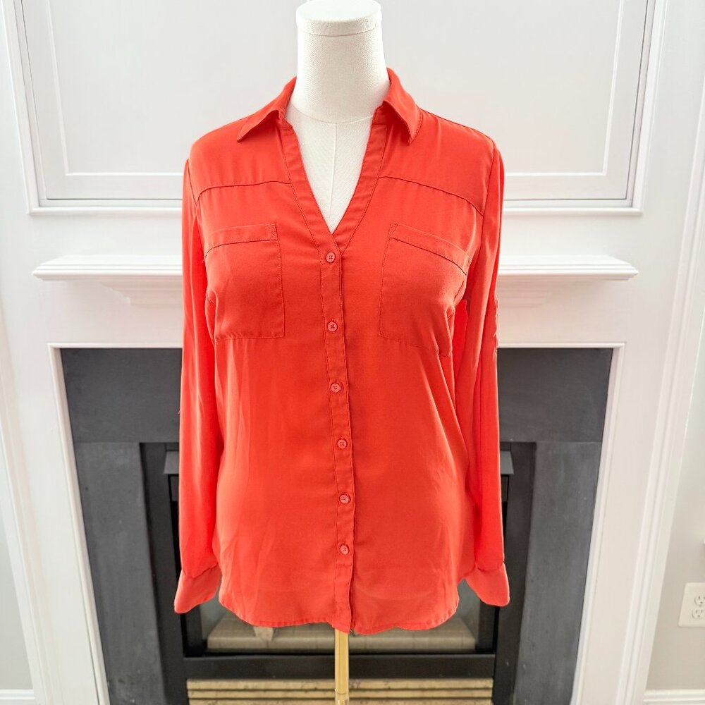 Express Portofino Button-Down Blouse – Bright Orange, Size Medium 🧡✨